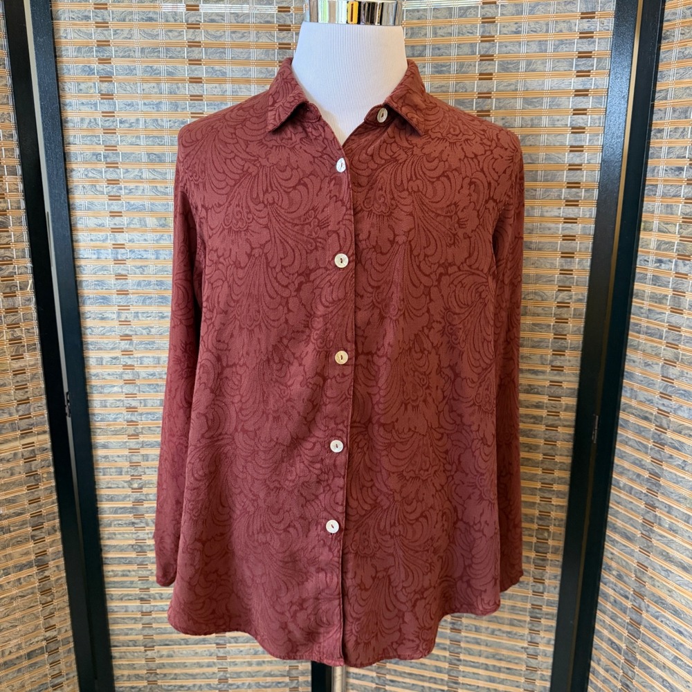 Russ Berens Button Down Shirt Women's XL Red Paisley Jacquard Tencel Made in USA
